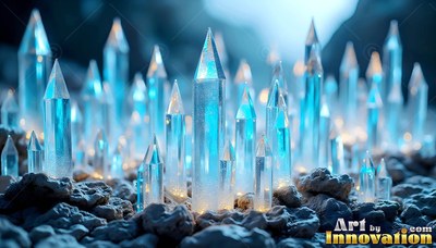 Crystal spires rise from rocky ground, lit with bright blue and warm light inside