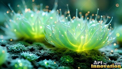 Cupped open on dark moss, green succulent flowers shine with yellow light dots