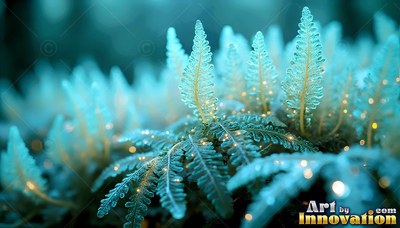 Pale blue ferns with tiny yellow lights shining along their leaves