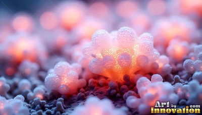 In a dark garden, pink bubbly fungi shine with warm orange light inside