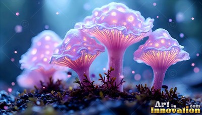 Sprouting from dark soil, pale purple mushrooms shine with warm yellow light