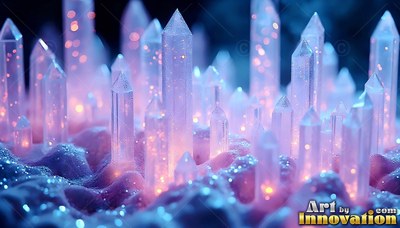 Pointed clear crystals rising from sparkling pink ground