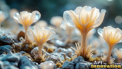 Translucent cream petals open on tiny mushroom plants growing across pale gravel ground