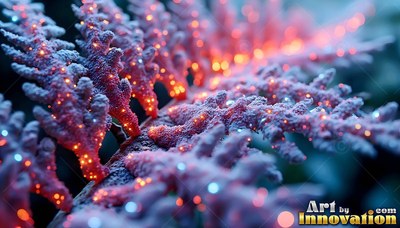 A frosted pink plant branch spreads outward, shining with tiny orange lights