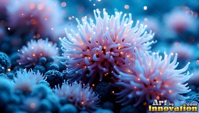 Curling upward on a blue seabed, pale pink anemone plants shine with tiny lights
