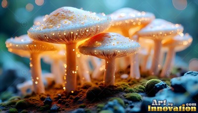 Little pale mushrooms shine with warm golden specks on mossy ground