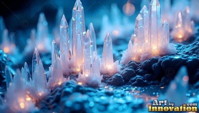 On a dark blue landscape, pointed clear crystals shine with warm light