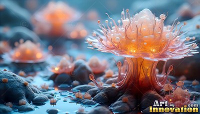 Sprouting from damp gray ground, an orange jellyfish fungus blooms with small lights