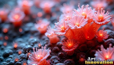 Pink coral flowers with bright yellow centers on dark ground