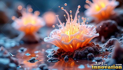 Thin beaded stalks rise from an orange flower blooming in dark mud puddles