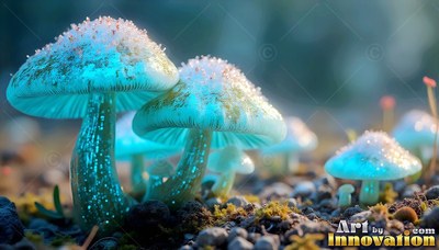 Frosted mushrooms sprout from mossy ground with bright cyan light under their caps