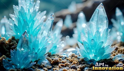 Pointed upward from dark sand, light blue crystal flowers stand in bright sunlight