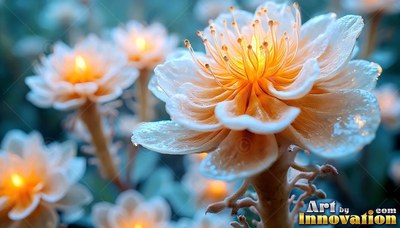 Pale frosted flowers open up with bright warm light shining at their centers