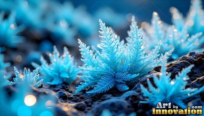 On dark bumpy ground, icy blue fern leaves sprout in soft light