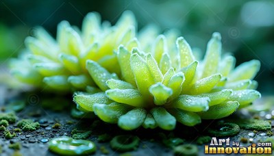 Sprouting from dark ground, green succulent plants sit covered in dew drops