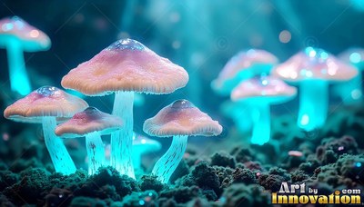 Pink mushrooms with bright blue stems in dark soil