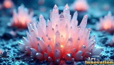Pointed frosted tips define a pink crystal plant lit from within on a dark pebble field