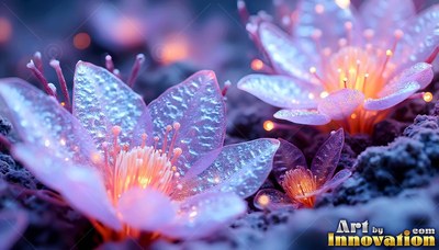 Glassy pink flowers open from dark soil with bright orange light in their centers