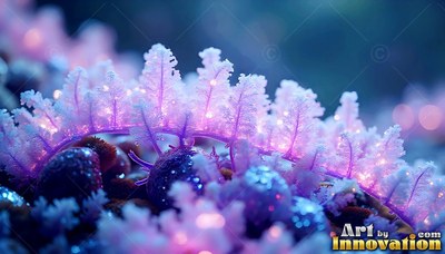 Curving across a dark forest floor, icy pink fern fronds shine with soft light