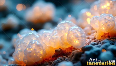 Clusters of translucent round fungi shine with warm orange light on a dark rock