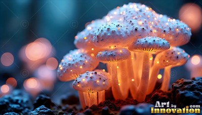 On dark ground, a cluster of white mushrooms shines with tiny orange lights