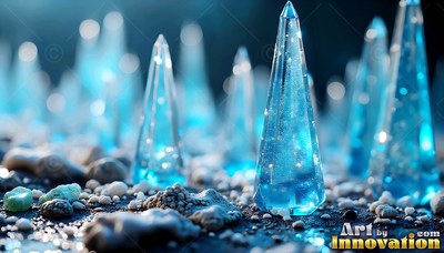Rising from stony ground, pointed blue crystal spires shine in soft light