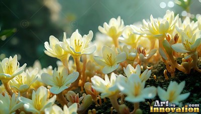 Small pale yellow flowers open in bright morning light