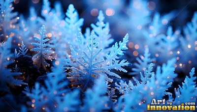 Pointed frosted fronds on blue crystal plants stand close together in warm light dots