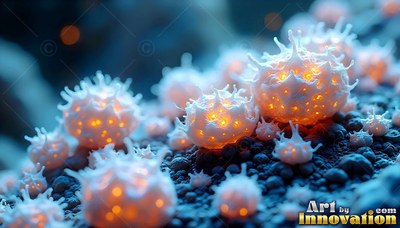 Spiky white pods rest on dark ground, lit from within by warm orange light