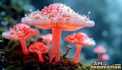 Close up from the side, pink capped mushrooms grow on dark moss