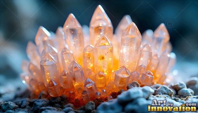 Bright orange quartz crystals grow out of gray rocky soil like a flower