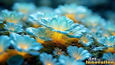 In a mossy field, blue flowers shine with bright yellow light at their centers