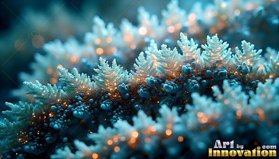 Spreading tiny branches, pale blue frost shapes sparkle with warm yellow lights