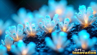 Tiny blue crystal flowers with warm yellow centers on dark ground