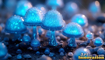 Beaded bell caps on blue mushrooms cluster together along a dark ground in soft light