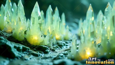 Pointed crystals rise from rocky ground, lit from within by warm yellow light