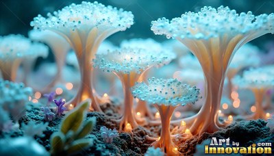 Standing upright in dark soil, pale beaded mushrooms cluster closely