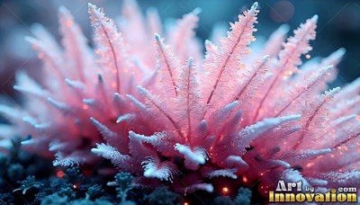 A pink spiky plant covered in white frost sits on dark moss