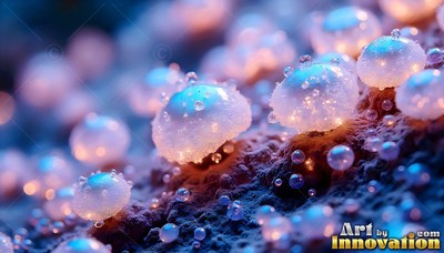 On a dark blue surface, tiny frosted mushrooms rest under soft pink light