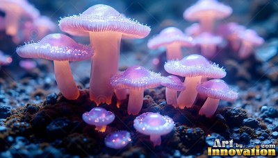 Sprouting from dark soil, translucent pink mushrooms shine in soft blue light