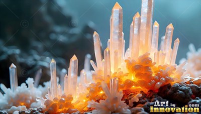 Clear crystals lit with warm orange light on dark rock