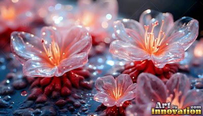 Glassy pink petals rest on bumpy red stems across a dark, wet ground under soft lights