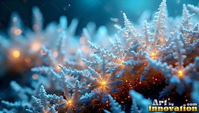 Frosted snowflake plants cluster together under warm yellow lights on deep blue ice