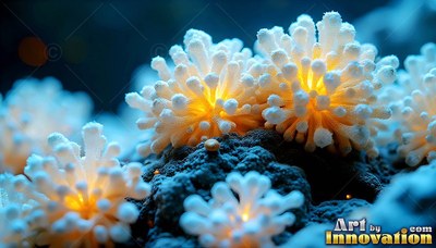 Clustered closely on dark rock, white sea anemones shine with warm yellow light
