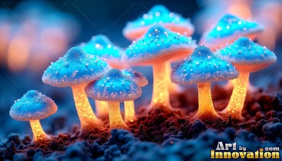 Blue-capped mushrooms with bright yellow stems grow out of dark soil