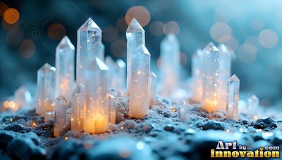 On snowy blue ground, pointed crystal spires shine with warm yellow light inside