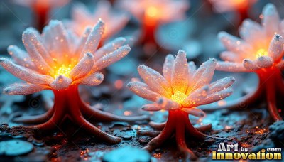 Rooted in dark soil, small frosted flowers shine with bright yellow centers