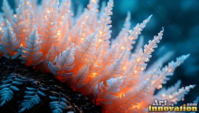 Frosted white ferns lit with warm orange light in the dark