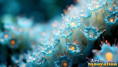 Spotted yellow centers fill blue cup flowers spreading across a soft dark background