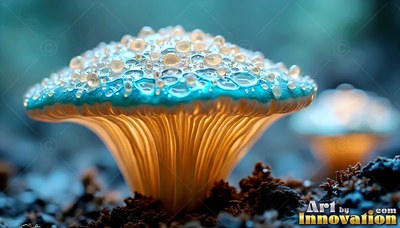 A blue mushroom grows from dark soil, its pale underside shining with warm light